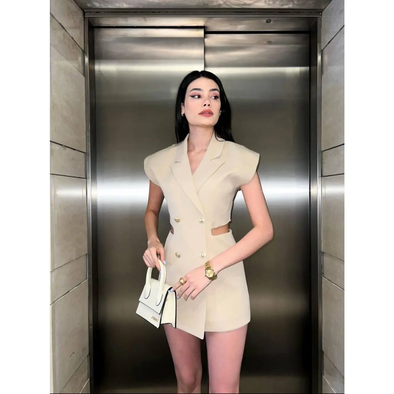 Beige Blazer Romper with Open Back