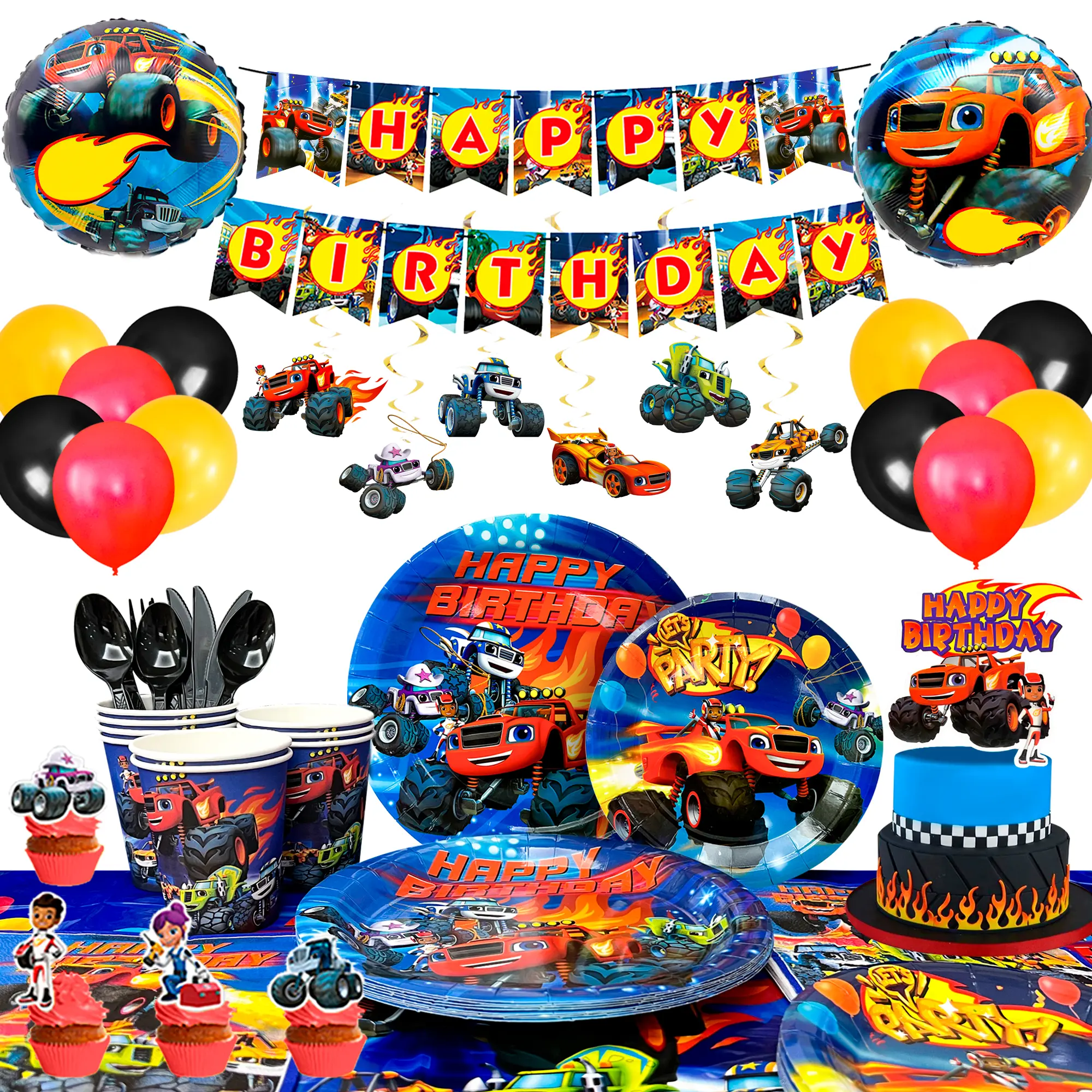 Blaze Birthday Party Supplies,119pcs Blaze and The Monster Machines Party Supplies-Blaze Plates and napkins Cups Table Cloth Banner Balloons Cake Topper ect Blaze Party Decorations for Boys Kids