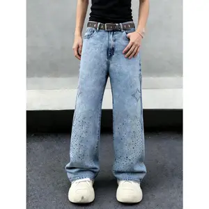 Men's Y2K Rhinestone Star Baggy Jeans | Vintage Washed Light Blue Denim, Distressed Dot Detail, Streetwear Wide Leg Pants for Concert & Festival