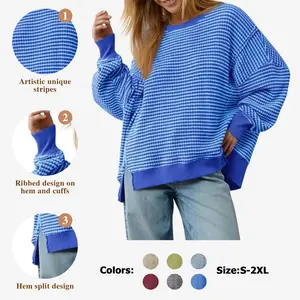 Fisoew Sports Women's Fall Oversized Sweatshirt Casual Waffle Knit Long Sleeve Crewneck Split Pullover Tunic Tops,Valentine's Day Gift Recommendations