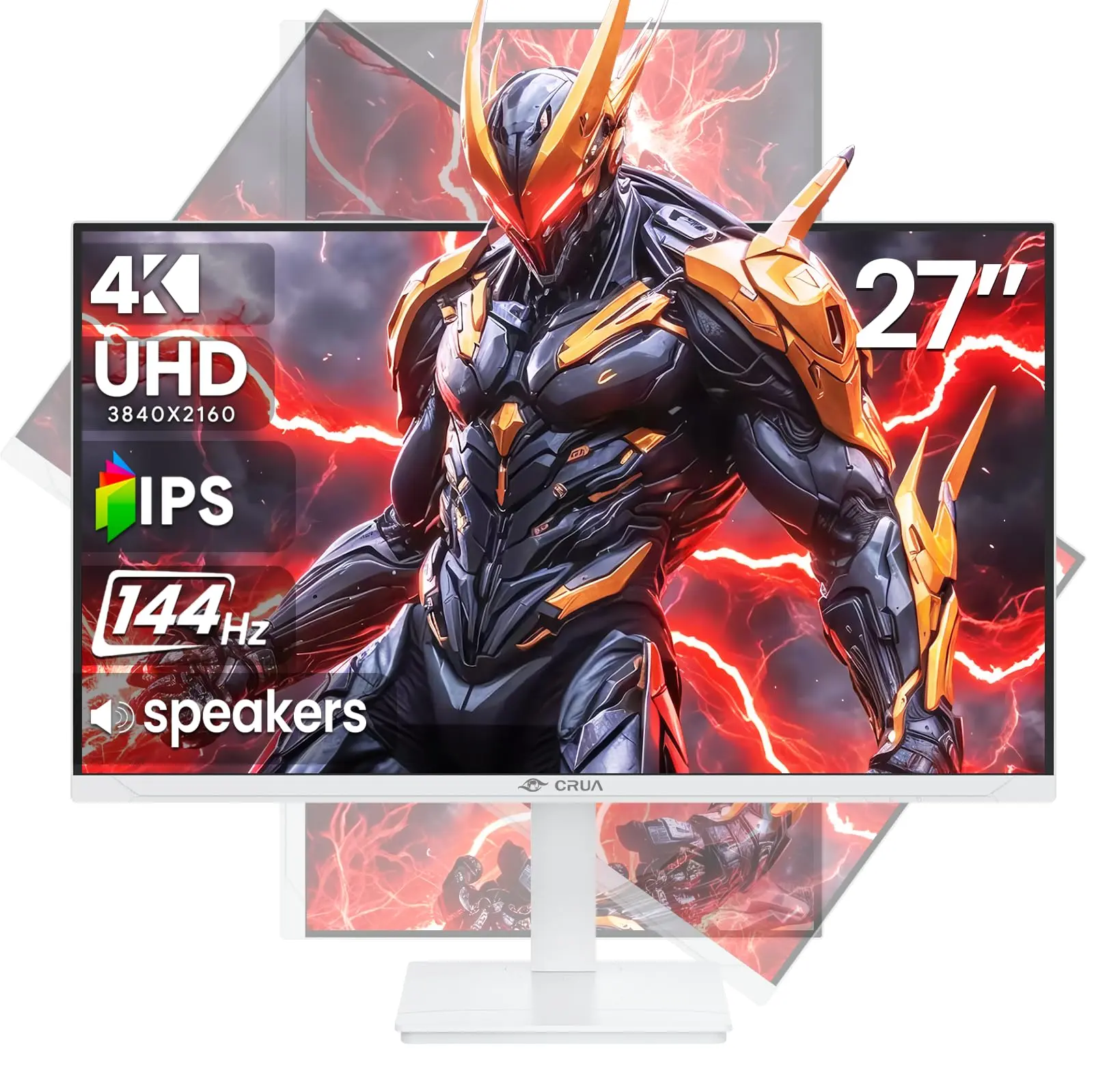 CRUA 27" 4K crt monitor UHD 144Hz IPS Vertical Gaming Monitor for PC, Pivot/Tilt, White | 120%sRGB Color, FreeSync, Built-In Speakers, HDMI 2.1/DP 1.4 and Wall Mount for PC Gaming, Computer Work and Photo Editing