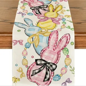 13x72 Inch Easter Table Runner - Floral Bunnies, Eggs & Checkered Bows, Durable Polyester Spring Kitchen Dining Decor, Whimsical Bunny Design Holiday Tablecloth for Easter Party Home Decoration