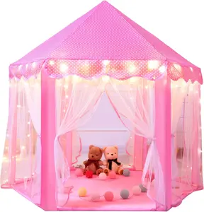 Pink Princess Castle Tent for Girls Fairy Play Tents for Kids Hexagon Playhouse with Fairy Star Lights Toys for Children or Toddlers Indoor or Outdoor Games