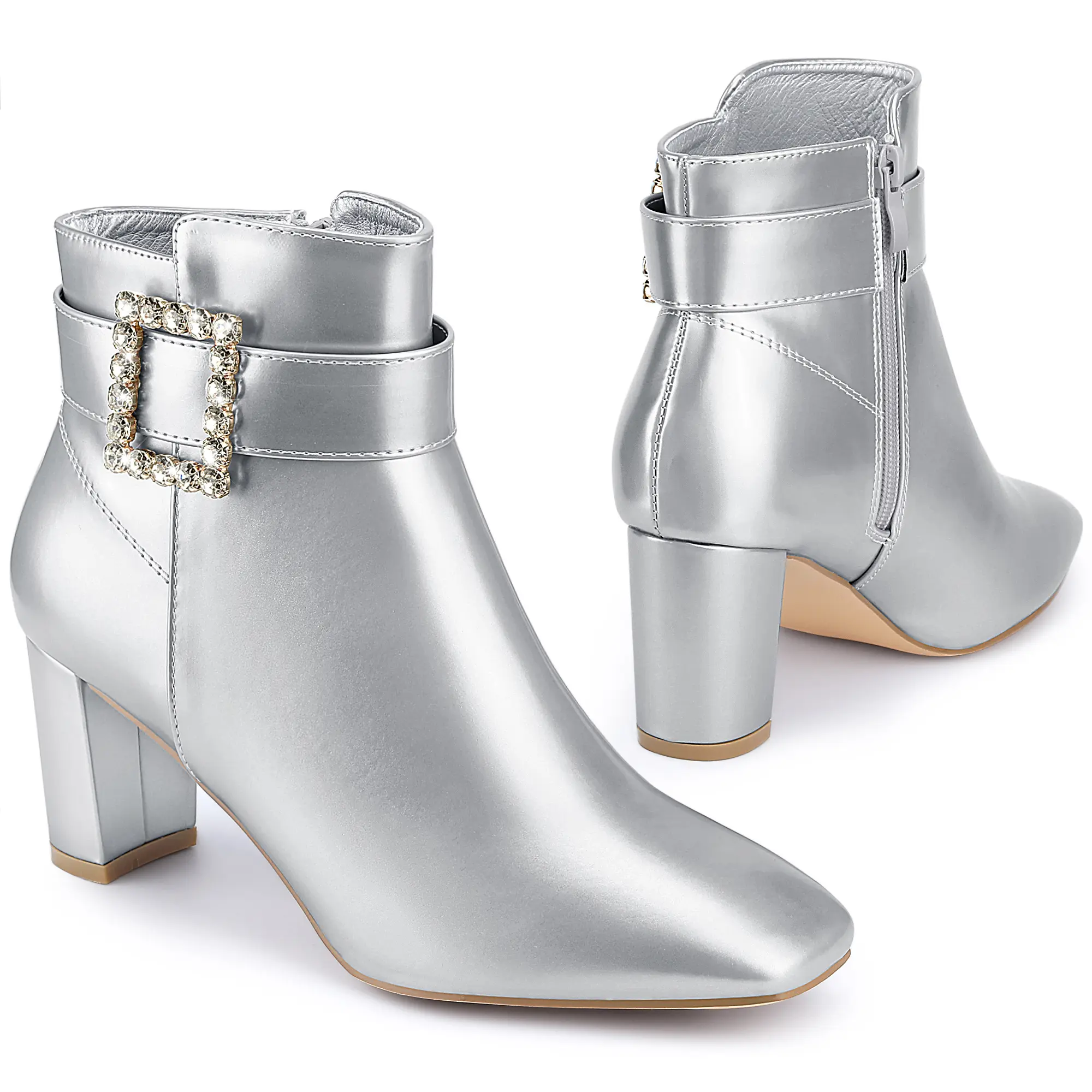 BLISSFUL STEP Women's Rhinestone Buckle Decor Square Toe Chunky Heel Ankle Boots