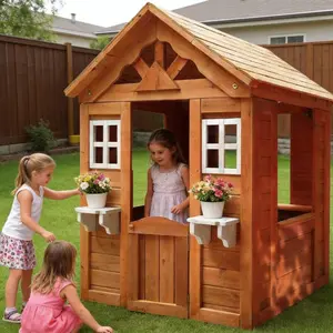 Wooden Kids Playhouse with 2 windows and flowerpot holder,42"Lx46"Wx55"H,Golden Red,birthday gift
