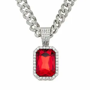 LAMARI Silver Tone Ruby Color Gem Pendant Necklace Rhinestone Cuban Chain Fashion Jewelry
