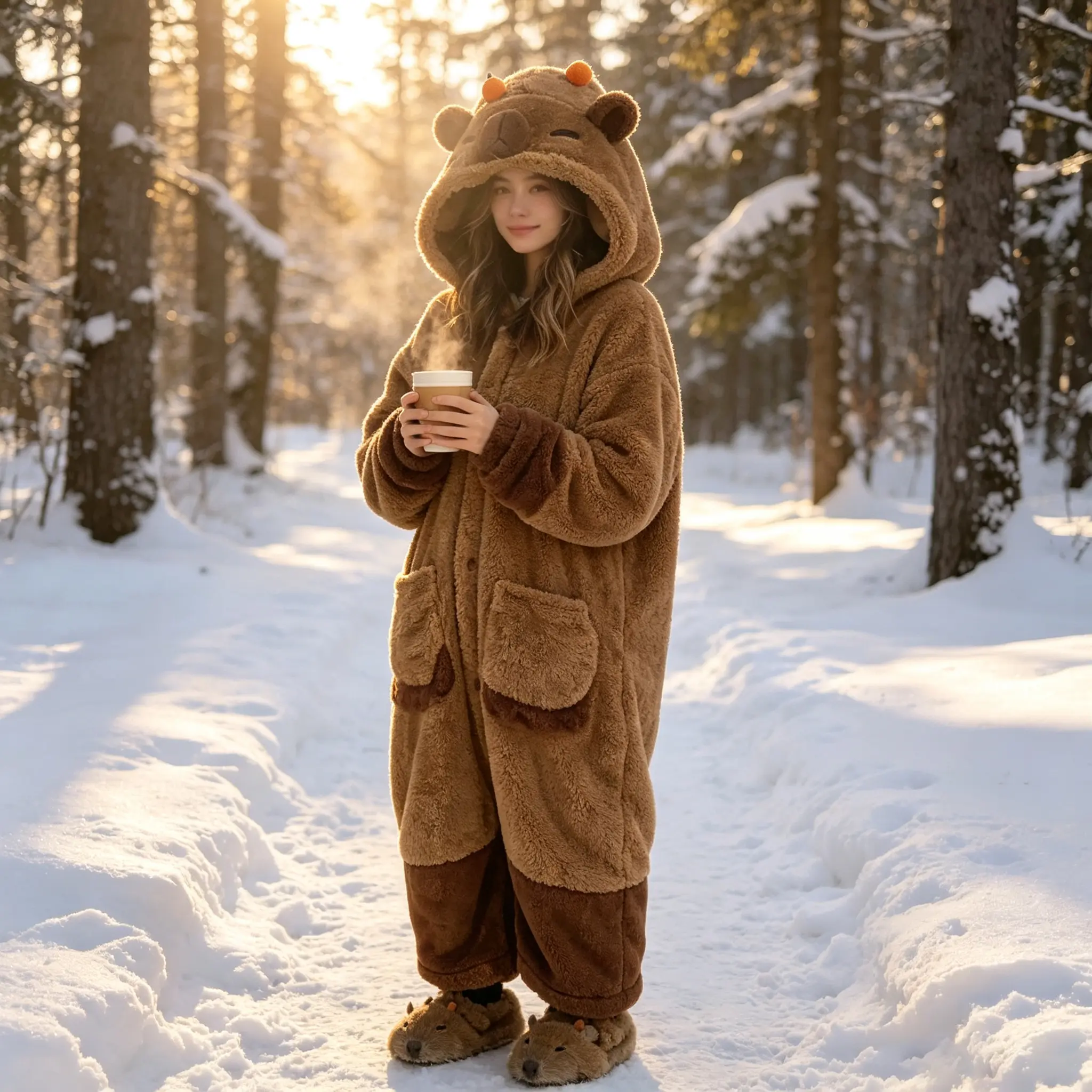 Womens Capybara Fleece Onesie Cute Animal Hooded Loungewear Adult Pajamas Plush Fluffy One Piece Sleepwear 100% Polyester Winter Warm Novelty Cosplay Costume 2026 Trending Cozy Home Wear Funny Relaxed Fit Outfit