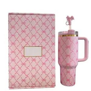 40 ounces, limited edition gift box, floral series, icy playful bow, Chantilly style playful bow, Tuscan blue fabric, pink mint green baby bow, stainless steel portable water bottle with multiple color patterns, equipped with a straw and handle.