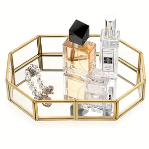 1pc Decorative Metal Mirror Golden Vintage Octagonal Perfume Vanity Jewelry Storage Box Makeup Tray, Dresser, Bathroom Countertop Decorative Storage Home Decor, Bathroom Decor Supplies, Bathroom Accessories, Makeup Vanity Tray
