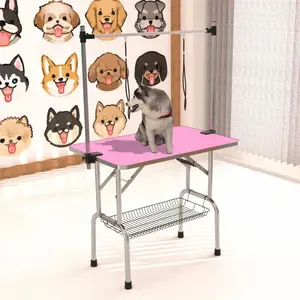 [Soiyelife] 42 "pink folding pet grooming table with stainless steel frame, rubber mat, adjustable arm & clamps, perfect for dogs and cats