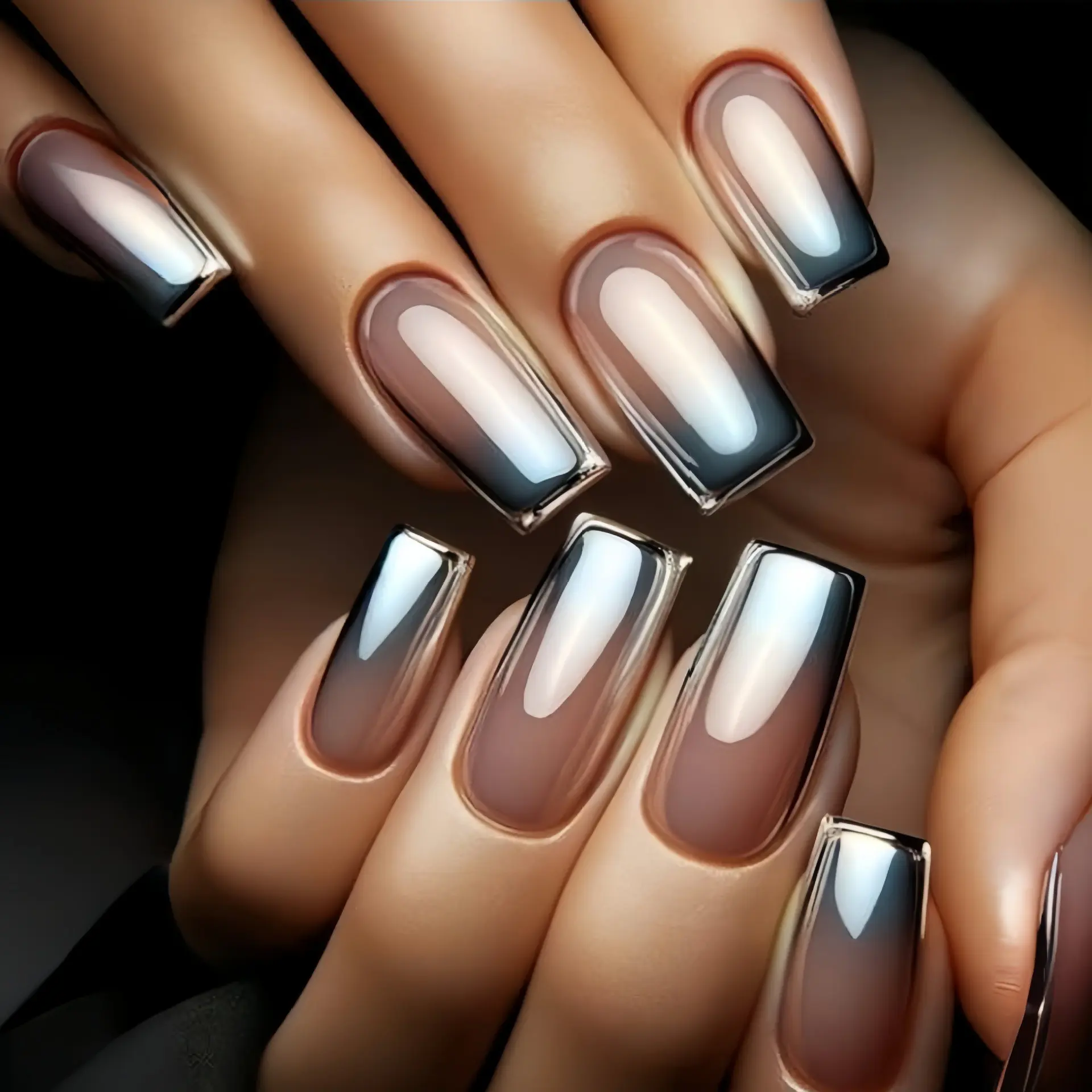 24pcs New Square Press-On Nails, Gradient Metallic, Smoke Silver Ombre, Unisex Nail Art, Trendy Design, Glitter Decorative Nails, Glossy False Nails, Nails Press Ons