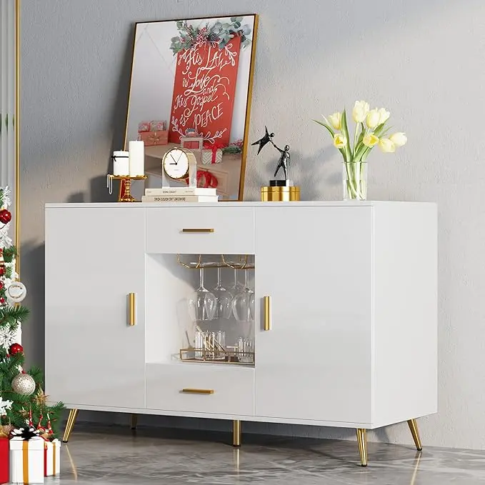 DWVO Modern White & Gold Sideboard Buffet Furniture - Engineered Wood Credenza Cabinet with Adjustable Shelf, Wine Glass Holder, Drawers, 300 lbs Capacity, Single Unit, Requires Assembly (Living Room, Dining Room), Design