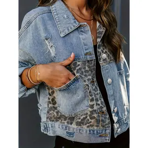 [Long Sleeved Leopard Print Denim Jacket] Women's Collar Leopard Print Long Sleeved Denim Jacket, Single Breasted, Cropped Denim Jacket, Women's Denim Clothing