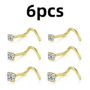 6pcs Gold Nose Screw Rings with Clear CZ 20 Gauge Hypoallergenic Surgical Steel L-Shape Nose Nostrial Studs for Sensitive Piercings