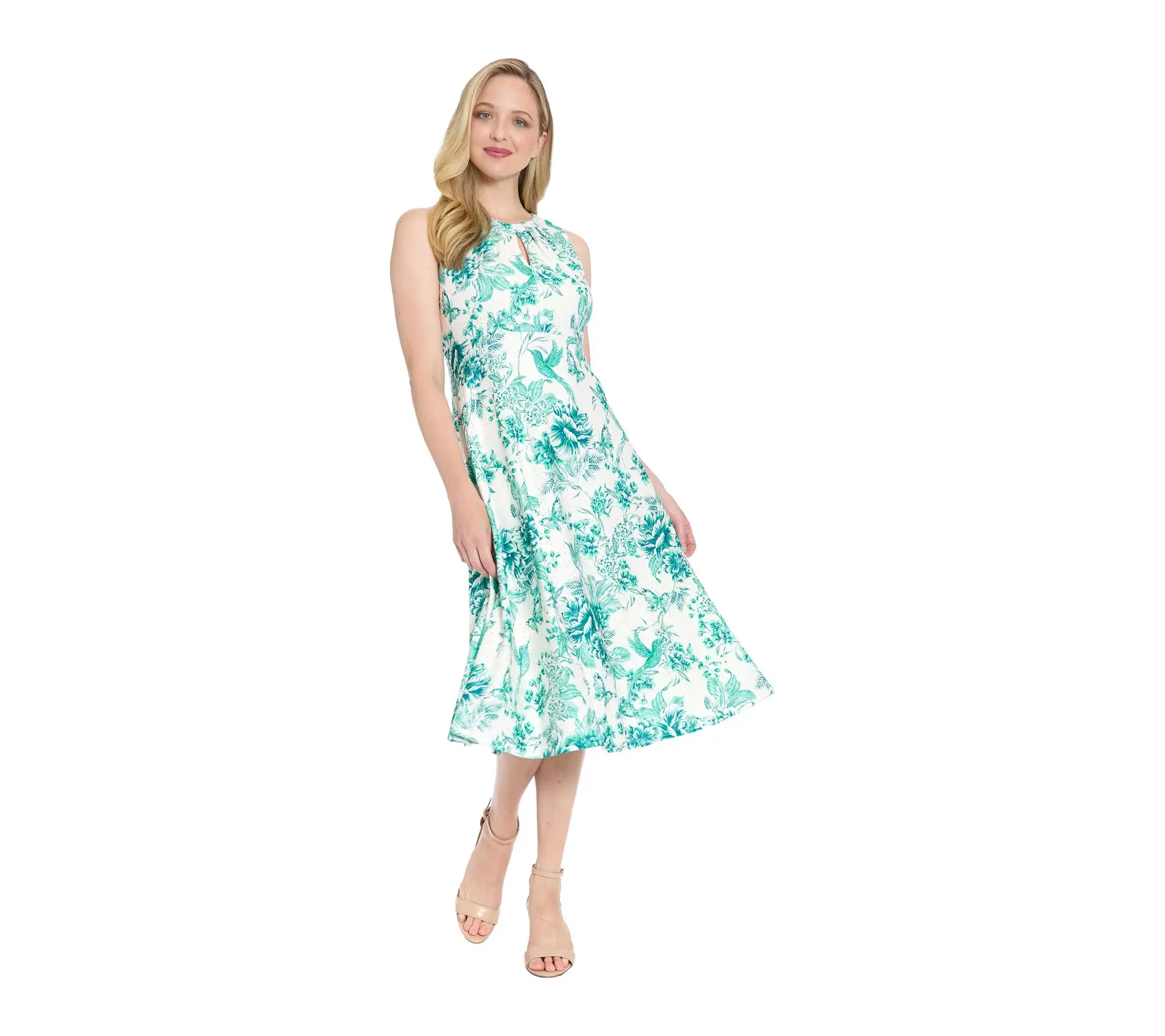 London Times Scroll Eyelet Printed Pleated Neck Midi Dress