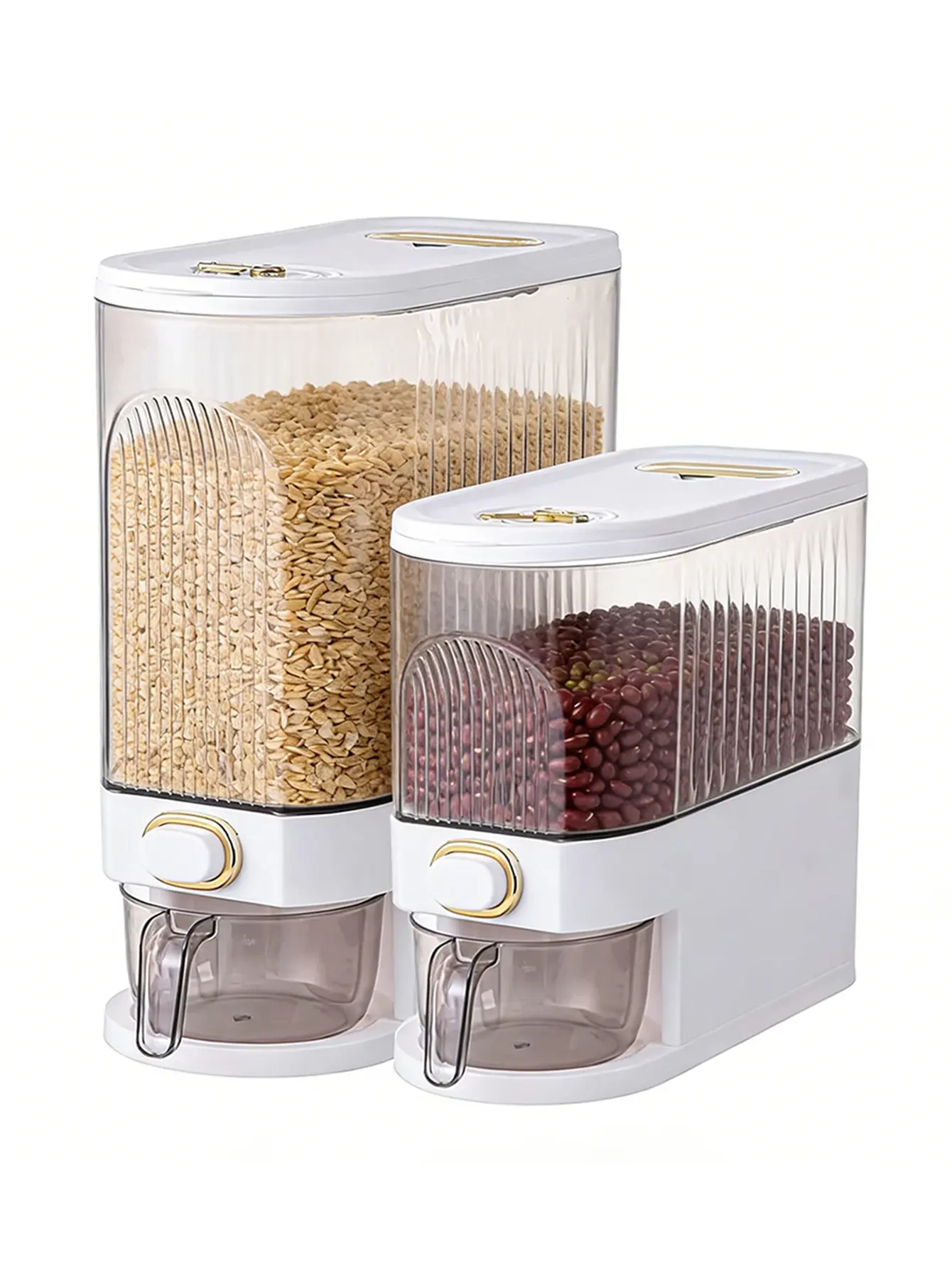 5kg/10kg large rice storage container used in kitchens and food storage rooms - saving space, moisture-proof, insect proof, and free of bisphenol A. It is a dry grain dispenser with a one click dispenser and measuring cup, suitable for household use