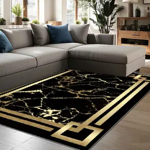 Chinese Style Golden Line Pattern Floor Mat, Non-slip Soft Floor Carpet, Decorative Area Rug for Home Living Room Bedroom Hotel