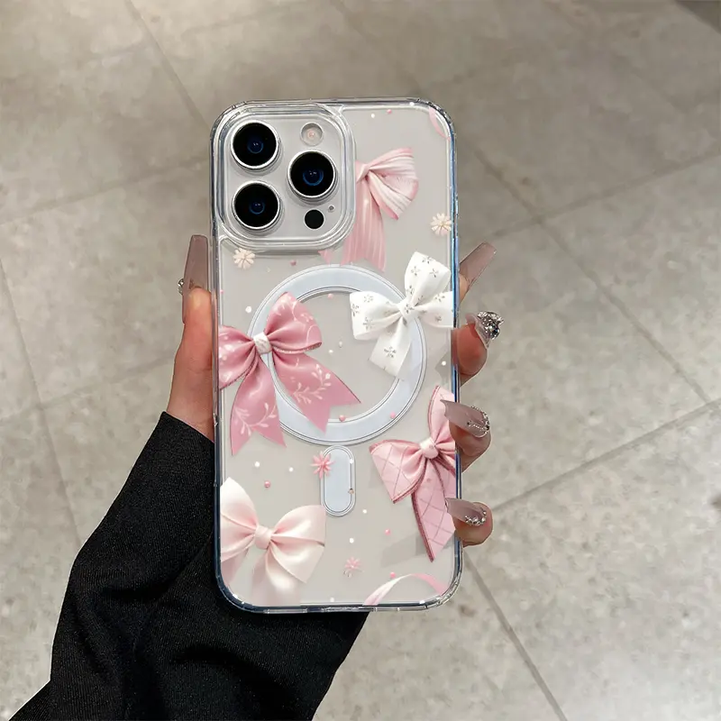 Cartoon Bow pattern phone case, acrylic transparent magnetic soft case, suitable for iPhone 17 Air Pro Max 16 15 14 13 12 11 X,Samsung S25 S24 S23 S22 ,anti drop phone case, lightweight and durable, supports wireless charging,Case Timy,PLM00491