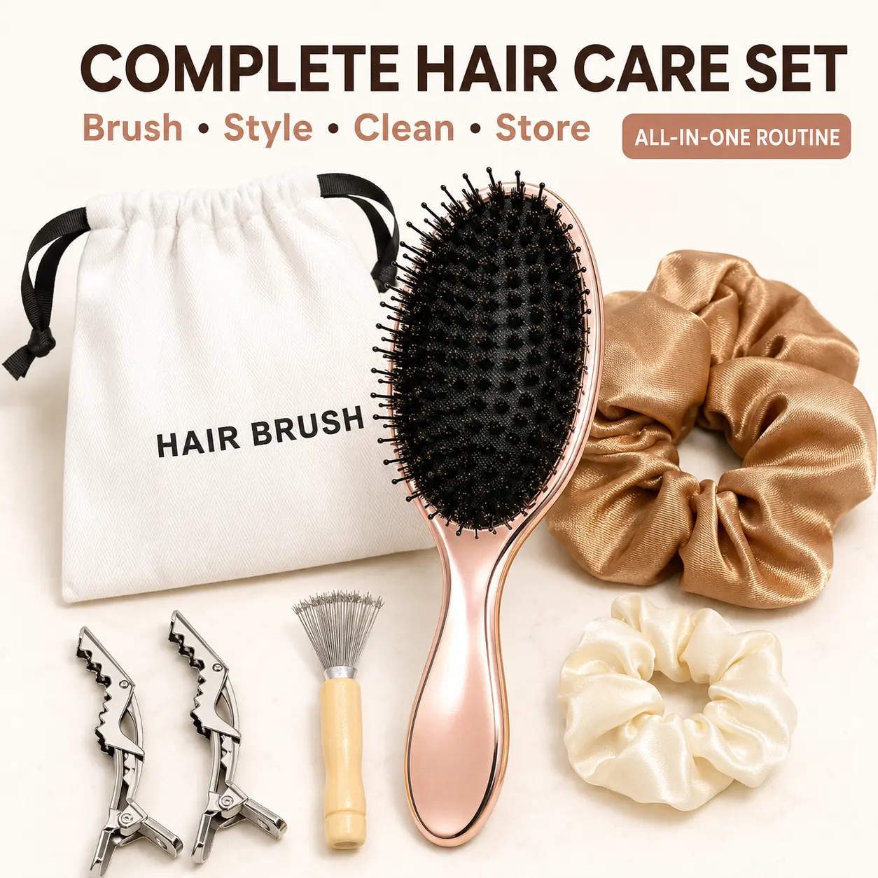 Women Unisex Anti Frizz Hair Care Kit Set - Boar Bristle Brush, Detangling Brush, Scrunchies, Clips for Long Thick Hair, Voluminous Styling, Heat Damage Reduction Boar Bristle Hair Brush