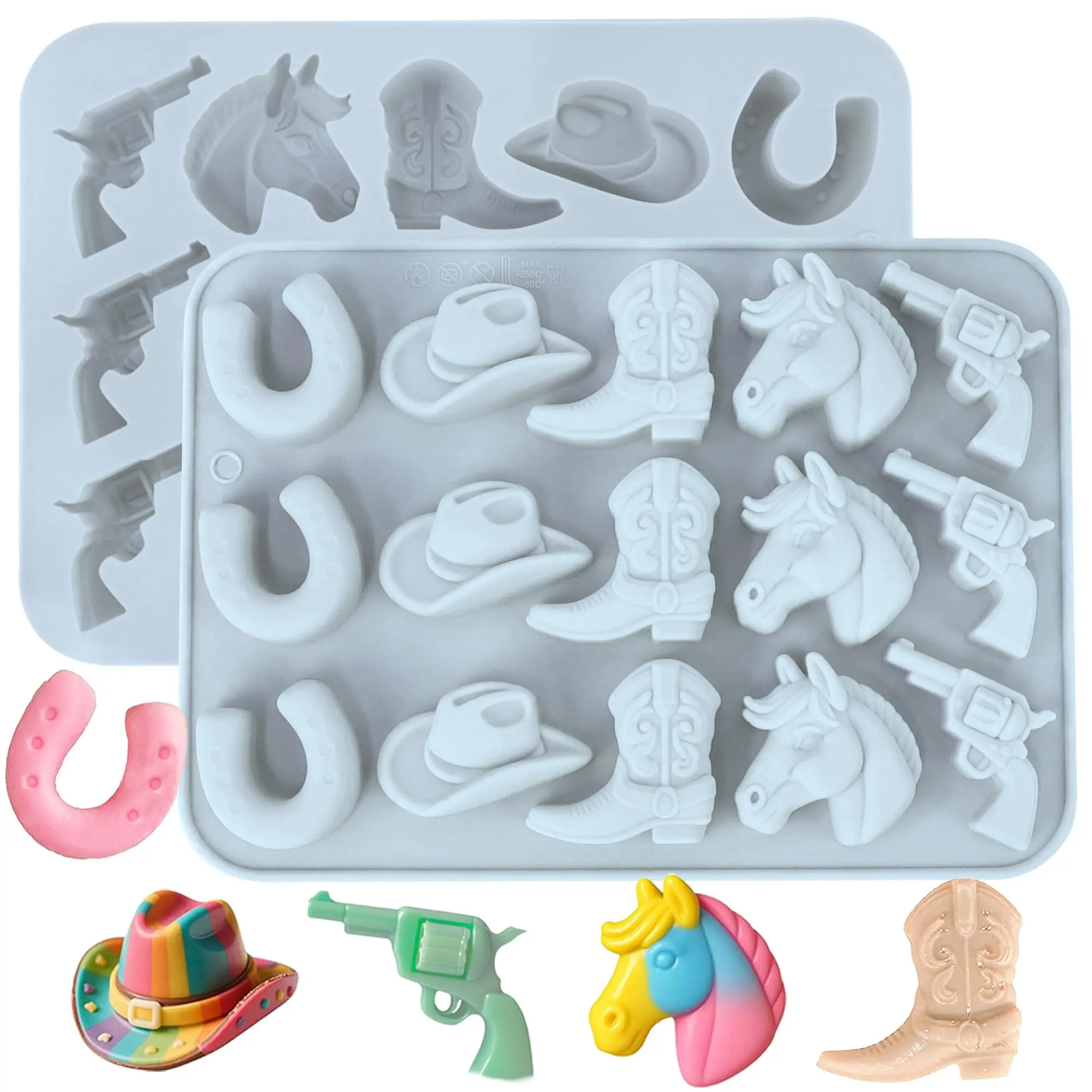 Cowboy Chocolate Molds, 2 Pcs Silicone Candy Molds, Cowboy Hat Boot Horse Saddle Shaped Fondant Mold for Chocolate Cake Desserts Decorations, DIY Western Themed Party Baking