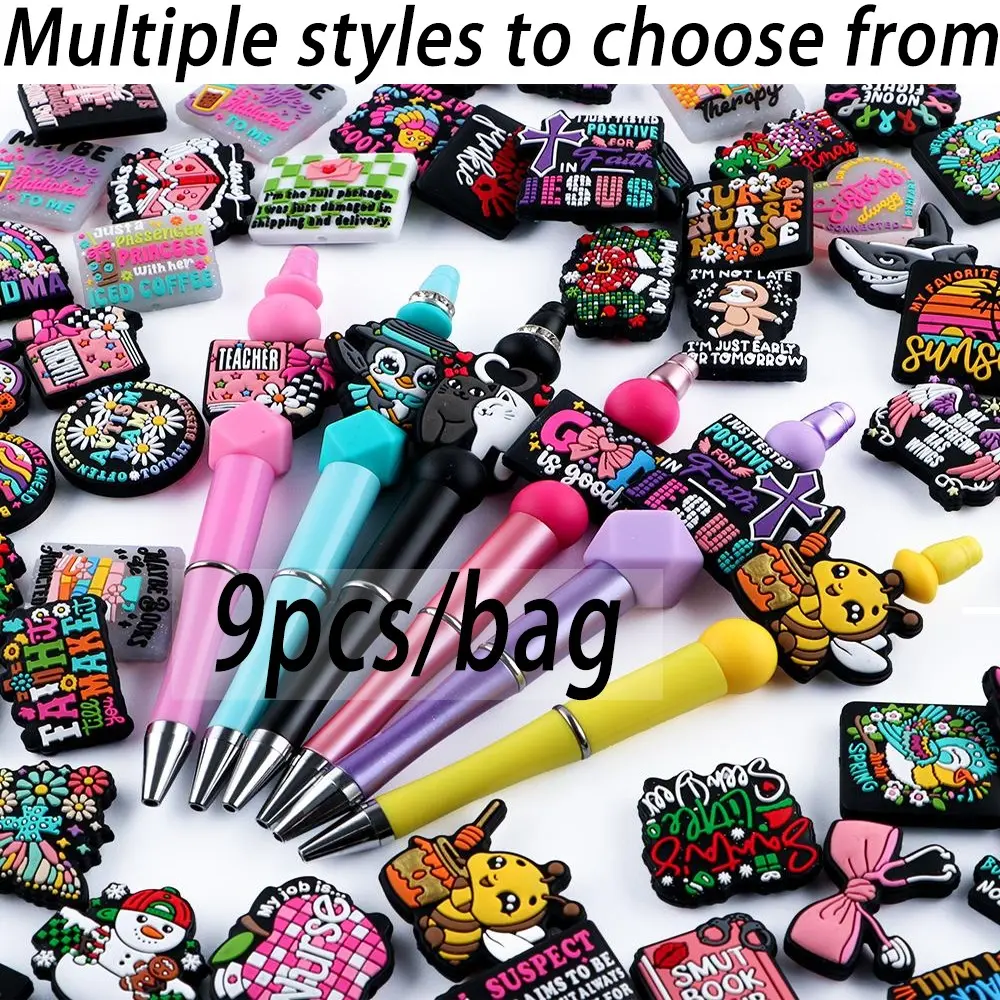 9pcs Various silicone focal beads, Fashionable Charms, animal letters, angels, insects, nurses, teachers, Christmas trees, snowmen, demons, books, love plants, etc. Suitable for DIY bead pens, keychains, bags, pendants, ornaments, etc Diy with Charms