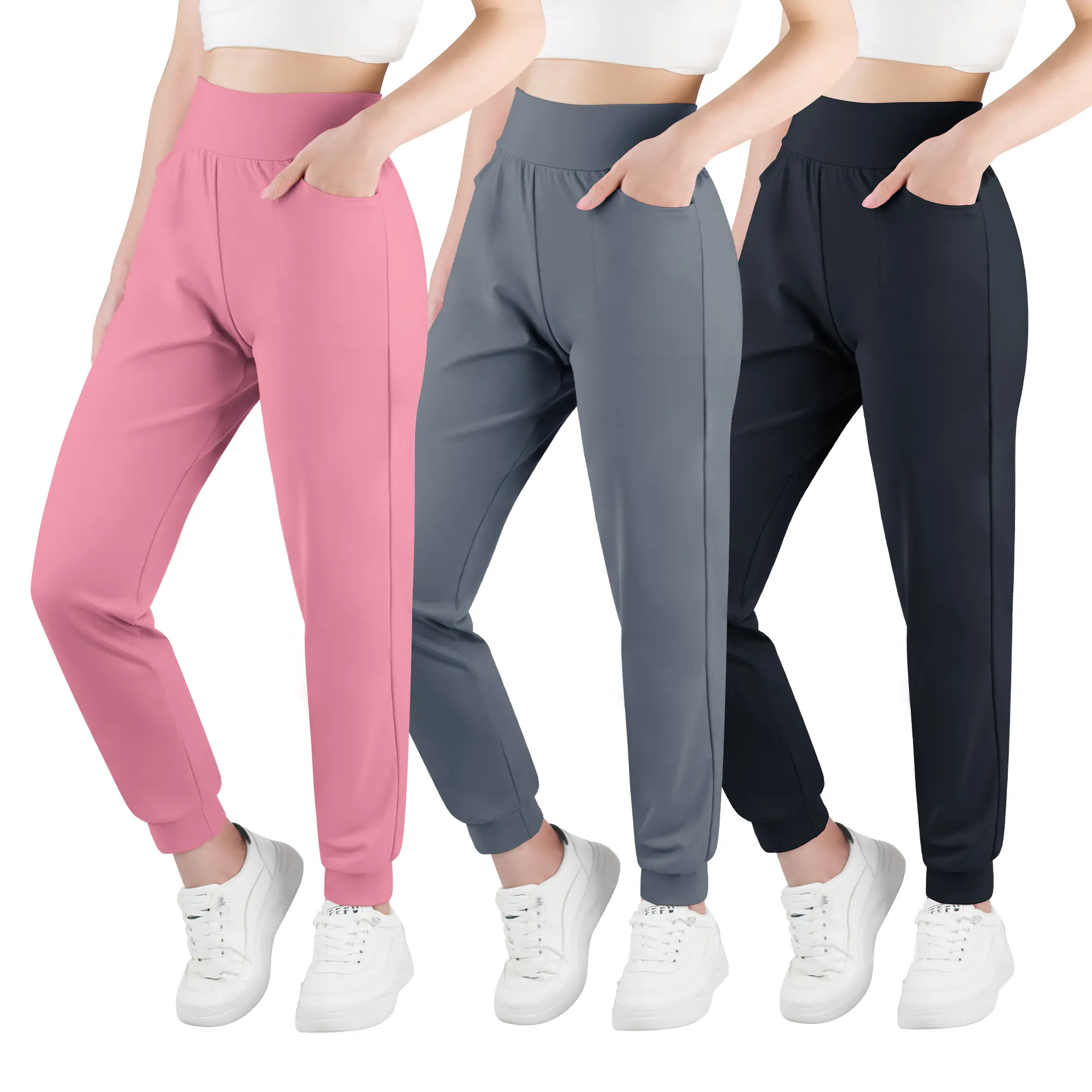 big elephant Joggers for Girls, 3 Pack High Waist Sweatpants with Pockets, Lightweight 4-Way Stretch for Sports & Lounging, Elastic Waistband Pants, Cool & Breathable, School‑To‑Sport