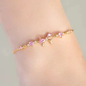 Adjustable Gold Silver Bow Bracelet for Women – Sparkling Pink Crystal Heart & Bow Design, Dainty Tennis-Style Wrist Jewelry, Versatile Daily Wear & Gift Accessory