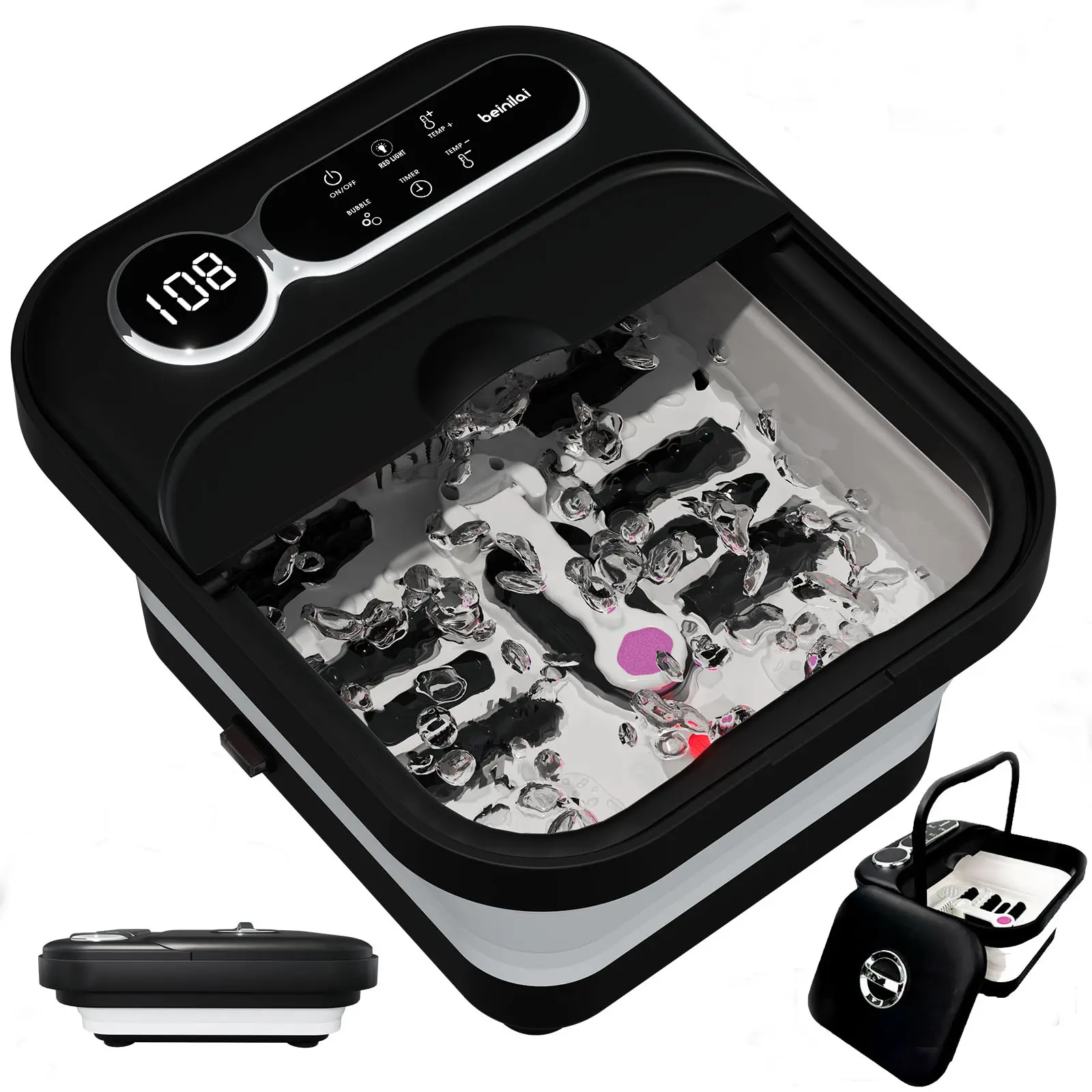Beinilai Collapsible Foot Spa Bath Massage with Heat, Precise Temperature Control, 6 Massage Roller, Bubble and Removable Pedicure Stone for Care Feet. Pedicure Foot Spa for Relaxation and Stress Relief.