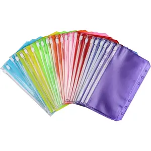 24Pcs A6 Binder Pockets 6 Holes Zipper Binder Pouch for Cash,ID Card,Credit Card, 8 Colors
