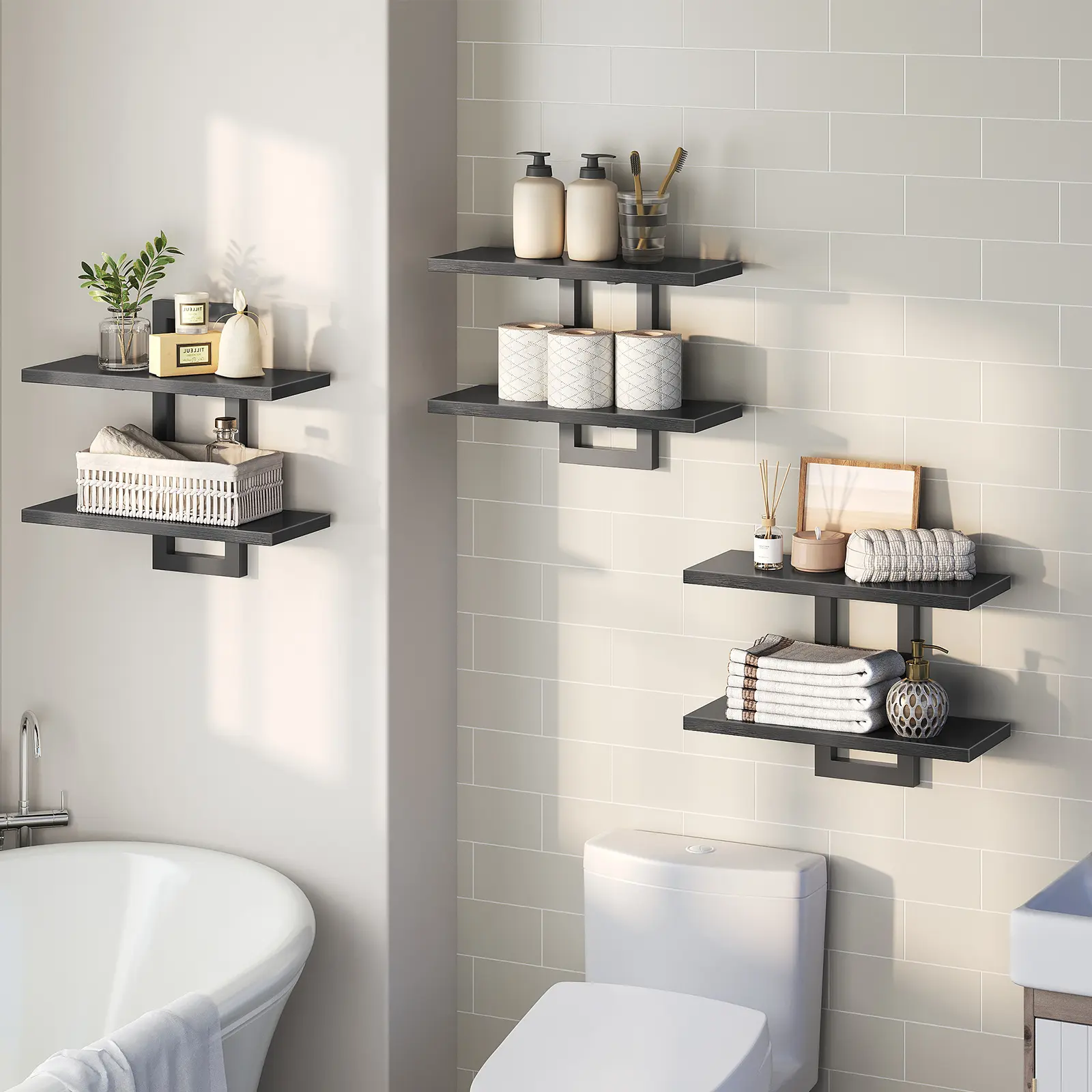 HOOBRO Set of 3, Wall Mounted Storage Shelves 2-Tier, Hanging Bathroom Shelves, for Living Room, Bedroom, Bathroom, Kitchen, Black #SummerVibes