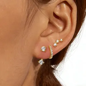 Women's gold stud earrings, 3 pairs of 14K hypoallergenic cartilage earrings, suitable for multiple piercings, exquisite small stackable gold earring jewelry set