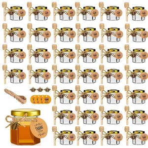 1.5oz 30 Pack Mini Glass Hexagon Canning Jars with Gold Lid, Bee Charms Honeybee Pendant, Honey Dipper Sticks, Jute Tag String, Thank You Gift Tags, Baby Shower Party Wedding Favors