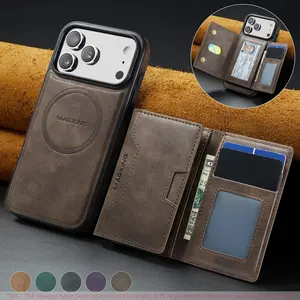 Tpu+PU Magnetic Phone Case for iPhone 17 Pro Max, Wallet Cover with Card Slots, Stand Feature, Detachable Design, Solid Pattern