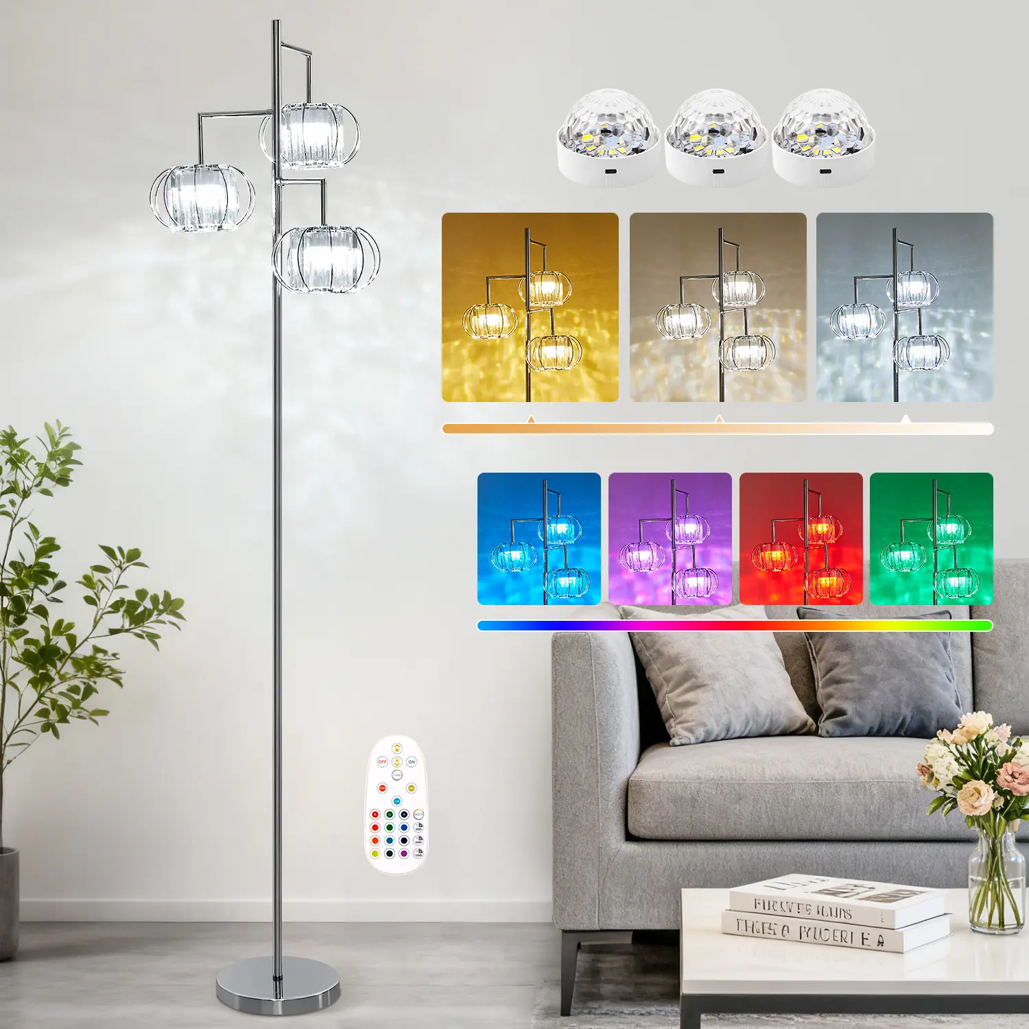 3-Head Rechargeable RGB Crystal Floor Standing Lamp - Iron, Bulb Included, Adjustable Beam, Dimmable, Remote Control Color Changing, Mood Lighting, Home Décor for Bedroom (Bases & Shades, Floor Lamps & Torchieres)