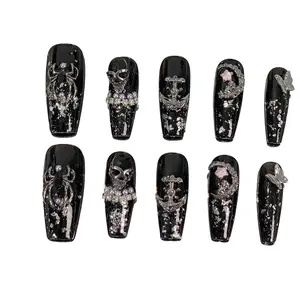 Handmade Punk Style Nail Art Set, Base Silver Color Spider Skull Anchor Rhinestone Accents Design, Streetwear Party Nails, Nails Kit Set, Handmade Press On