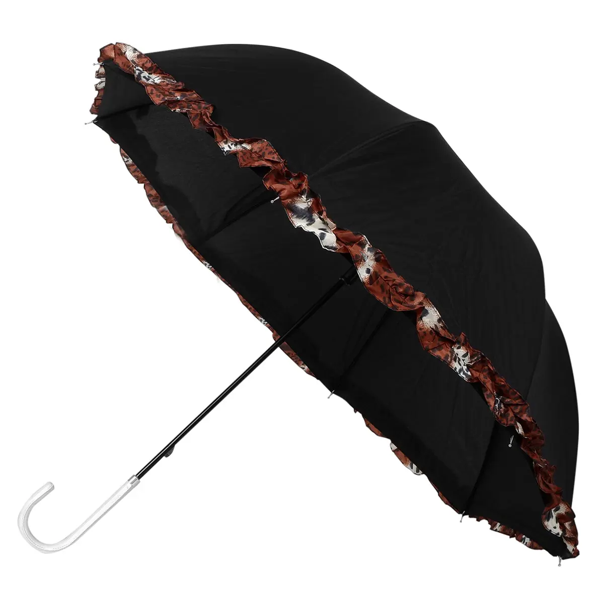 Leopard Print Border Manual Petite Black Umbrella with J-Shaped Handle, Multiple Ribs, Steel Shaft-Plastic Construction, Lightweight, 30" Diam x 27" Tall, Rain Protection, Home Supply - UM5012