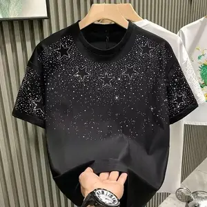 Fall outfits Summer Rhinestone Rivet T-shirt for Men Clothing Round Neck Casual T-shirt Fashion High Street 2024 Men's Summer Short Sleeves(Sheets)