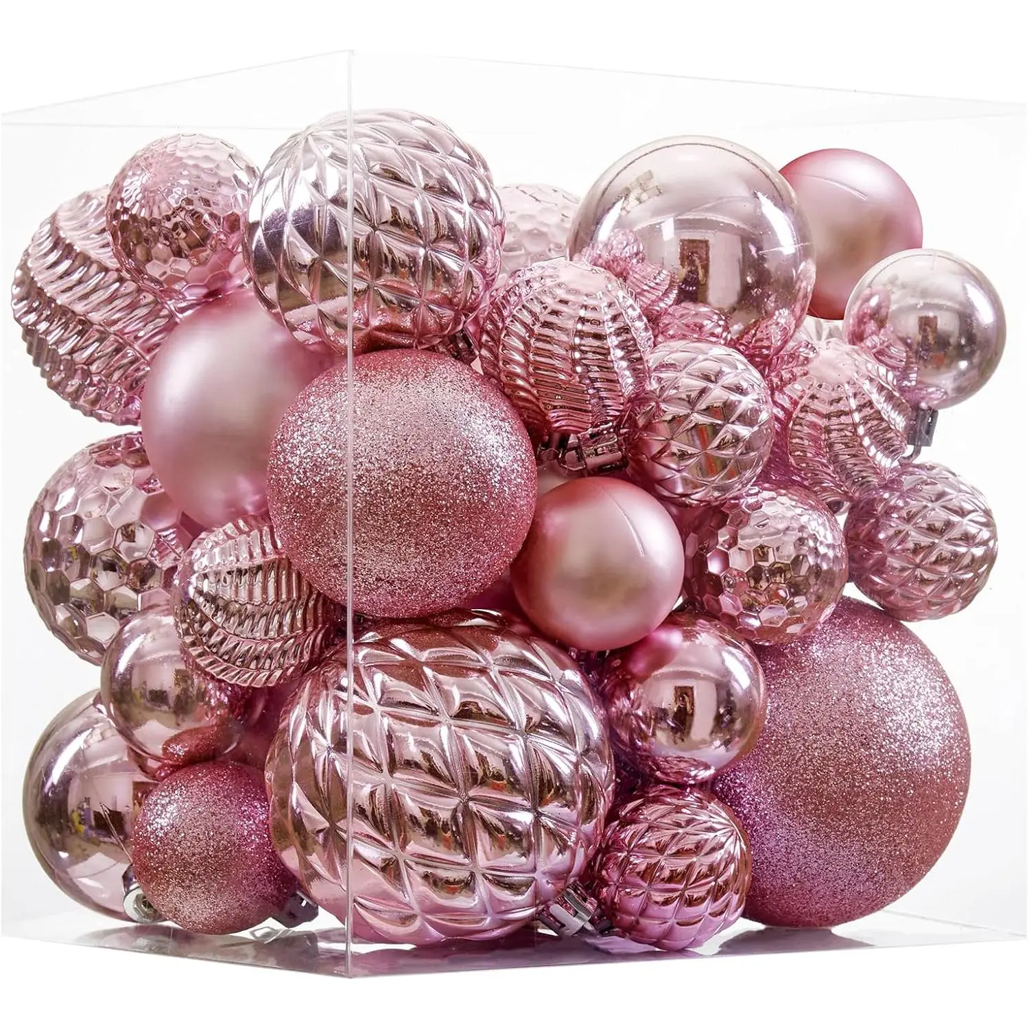 Non-Toxic Kids Safe Lightweight Plastic Pink Christmas Ball Ornaments - 36pcs, Shatterproof, Shock Resistant, Multi-Size (3 Sizes), 6 Styles, with Hanging Loops, for Family Christmas Tree, Home Festive Decor