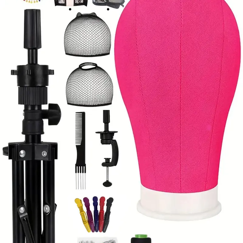 22 Inch Canvas Adjustable Wig Head with Stand, Wig Mannequin Head for Wigs with Stand & Various Accessories, Mannequin Head Set for Wig Making Displays, Adjustable Wig Cap