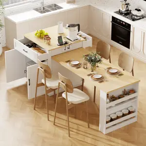Bellemave K&K 82.7 inch Kitchen Island with Extendable Dining Table for 4-6 Person, Two-tone Design, Double-sized Storage, Power Outlet, 2 Drawers, 2 Side Open Shelves, Modern Aesthetic, Minimalist Convenience, Foldable, Food Prep Island Cabinet