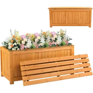 【Father's Day Gift】Outvita Outdoor Wood Bench with Planter Boxes, 2-in-1 All-Weather Porch Bench Seat Open-Ended Wooden Raised Garden Bed, for Balcony Yard Patio Summervibes