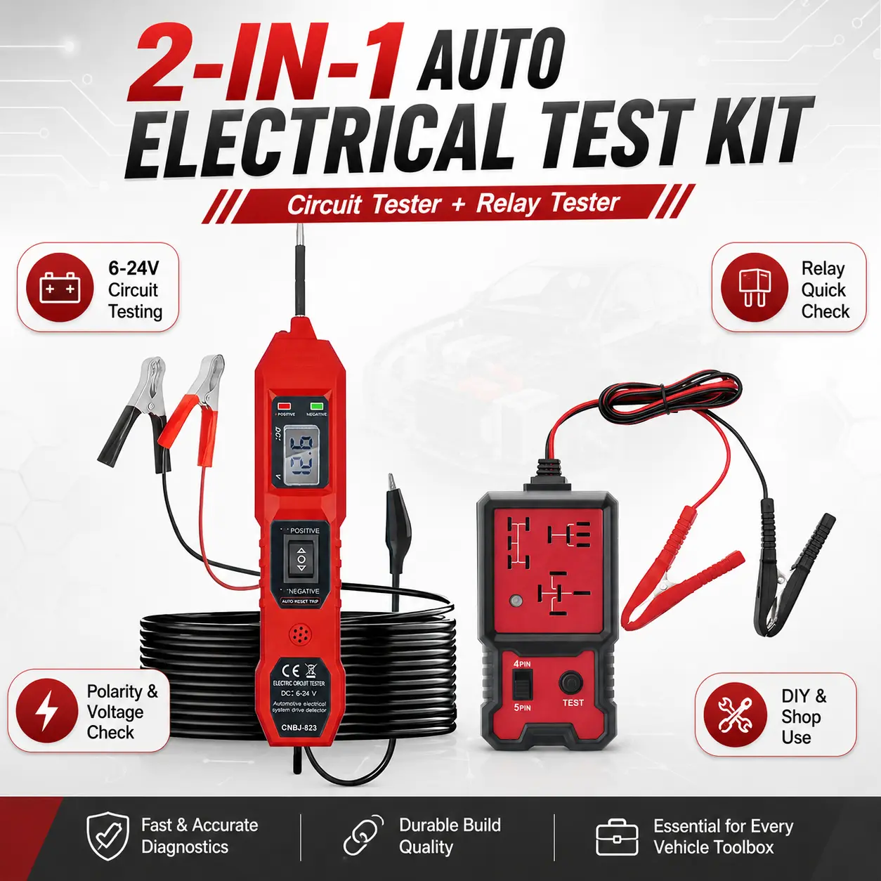 2-in-1 Car Electrical Test Kit with LCD Screen, 6-24V Range Dual Testing Tool, 4/5-Pin Relay Tester, Digital Voltage Check, Polarity Detection for Auto Repair