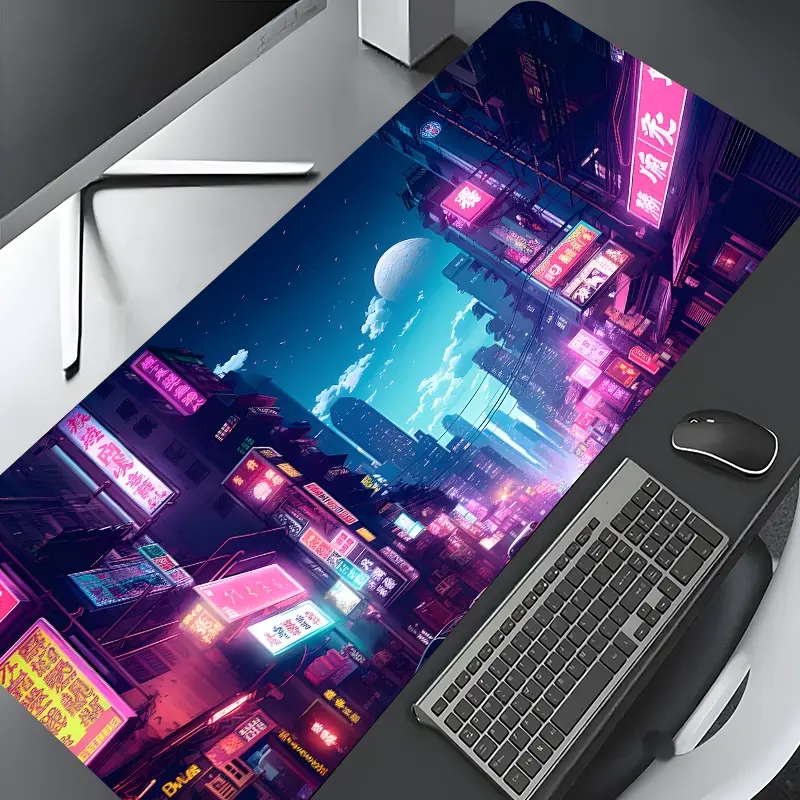 Cyberpunk Neon Cityscape Large Gaming Mouse Pad, Computer Mouse Pad, Washable Rubber Extended Desk Mat with Non-Slip Base, Girly Home Office Decor, Christian Gifts for Women, Gaming Mousepad
