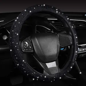 Women Fashion Black Velvet Bling Steering Wheel Cover with Black Diamonds,15 inch Standard Glitter Rhinestone Car Wheel Cover Sparkling, Full Covered