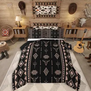 Western Aztec Bedding Set for Men,Boho Bull Skull Comforter Set for Home Decor,Southwestern Cowboy Down Comforter,Ethnic Horns Quilt