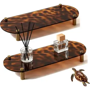 2 Pack Luxury Tortoise Shell Tray with Gold Metal Legs, Decorative Tortoise Shell Bathroom Accessories, 11 x 4.3 inches