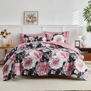 3 count Floral Comforter Set Full/, Pink  on Black Design, Microfiber Lightweight Bedding Comforter Set for All Season- 88x88 inches