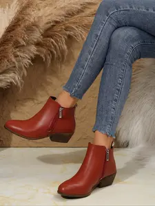 Women's Fashionable Zipper Design Ankle Boots, Work Ankle Boots, 2024 New Style Casual Comfortable Pointed Toe Boots for Daily Wear, All Match Boots for Women & Girls