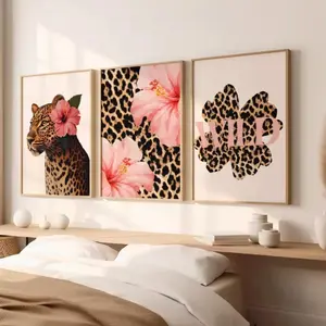 3 Pieces/set of Optional Wooden Frame, Funky Y2K Leopard Hibiscus Flower Pink Cheetah Canvas Print, Vintage Hawaiian Aloha Animal Art, Floral Boho Print, Vintage Prints, Home Decor Posters, Wood Wall Art