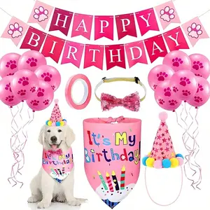 Pet Birthday Party Set, Banner Pull Flag, Hat Dog Paw Balloon Saliva Towel Bow Tie, Perfect for Holiday Celebrations